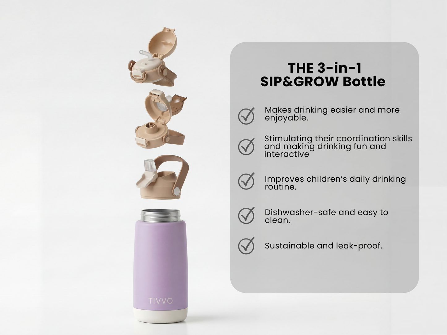 Purple 3-in-1 TIVVO drinking bottle with USP in detail 