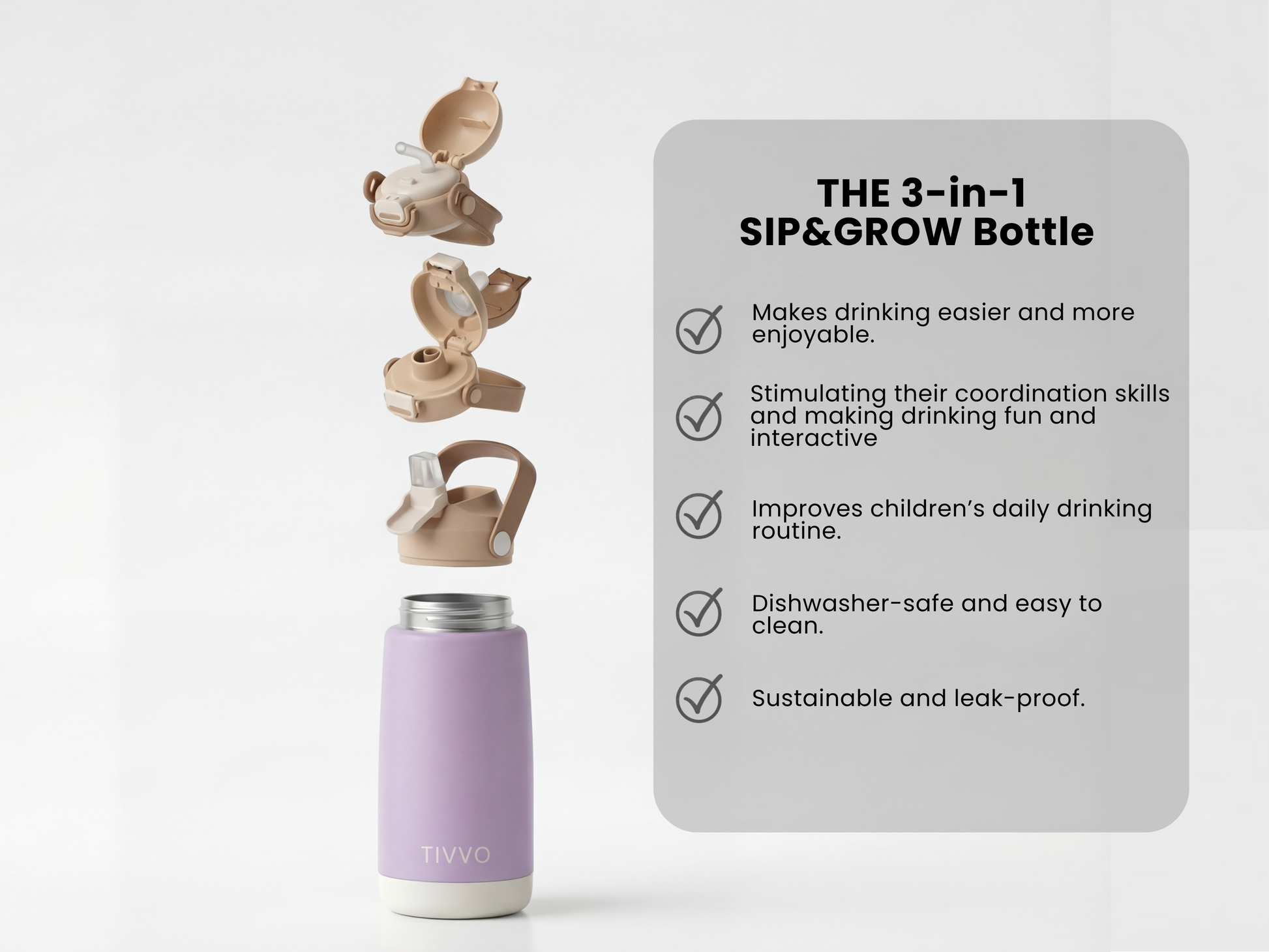 Purple 3-in-1 TIVVO drinking bottle with USP in detail 