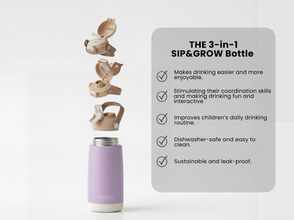 Purple 3-in-1 TIVVO drinking bottle with USP in detail 