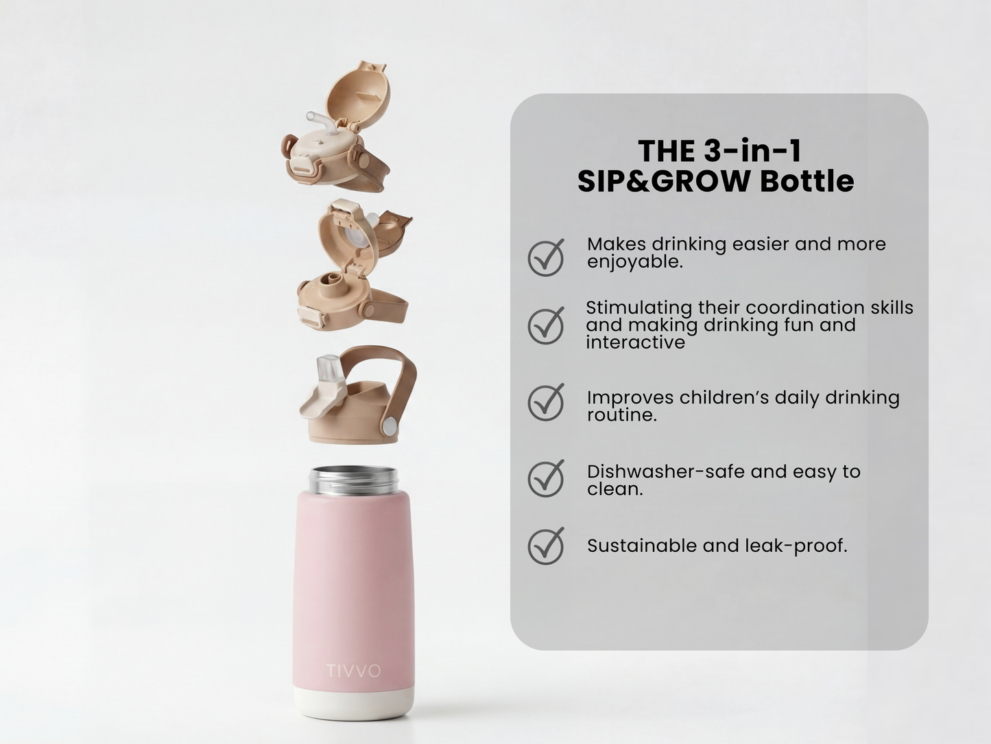 Pink 3-in-1 TIVVO drinking bottle with the USP in detail 