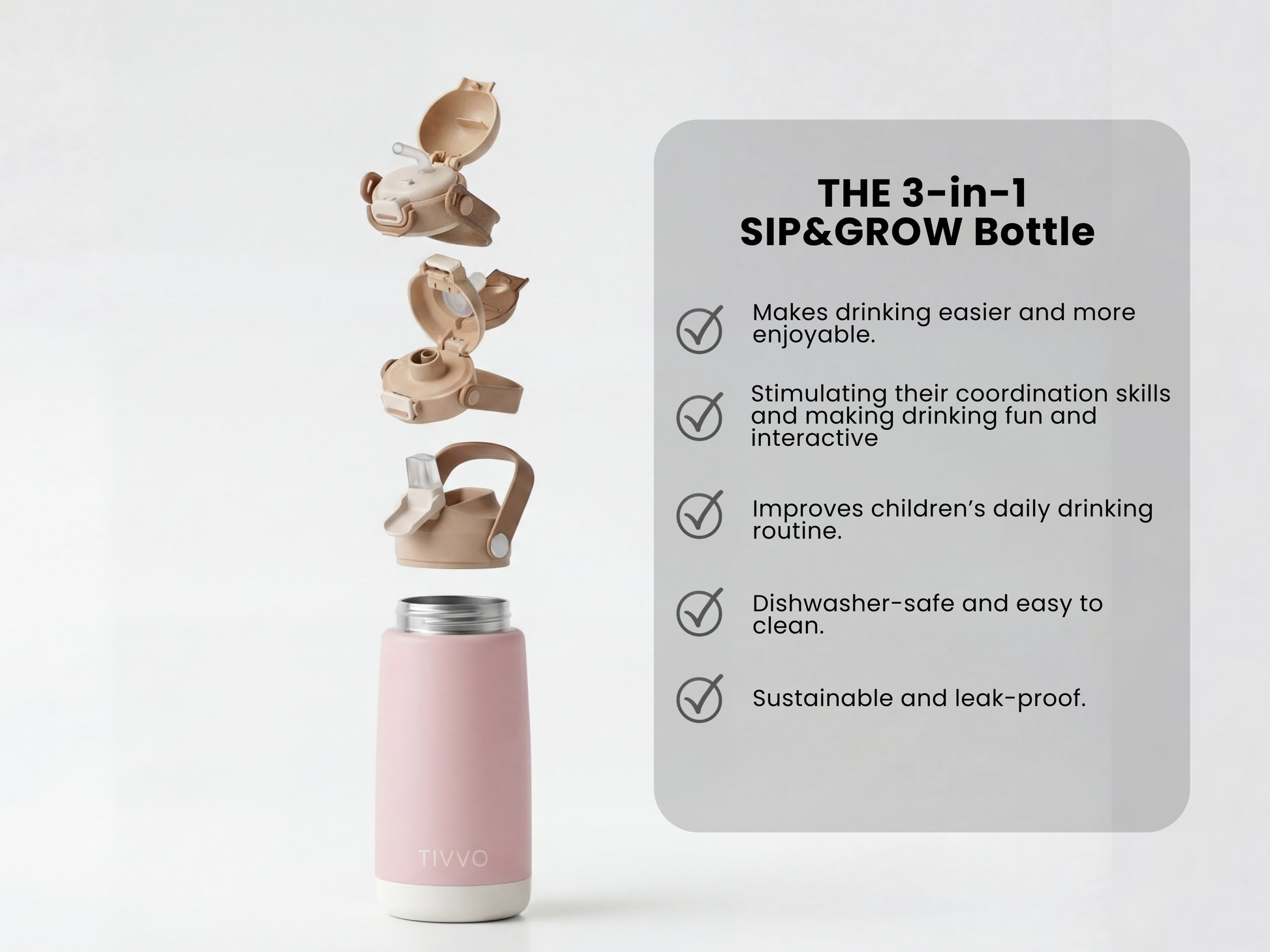 Pink 3-in-1 TIVVO drinking bottle with the USP in detail 