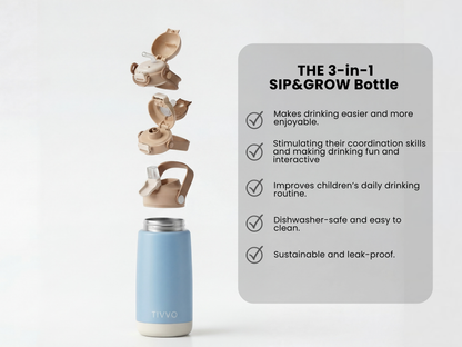 Blue 3-in-1 TIVVO drinking bottle with USP in detail 